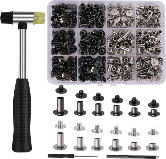 110 Sets Chicago Screws Leather Rivets, 6 Sizes (M5*4,5,6,8,10,12) Assorted Binding Screws with Rubber Hammer for Leather Craft, Belt, Bookbinding, DIY Fabric Clothing Repair (Black & Silver)