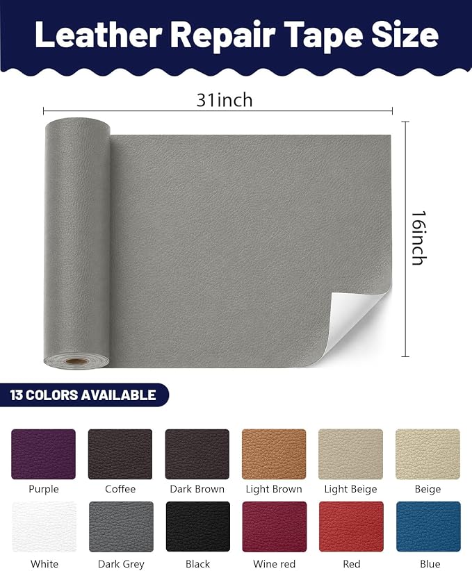 BOUYEER Leather Repair Patch Tape Kit,Self Adhesive Leather Repair for Sofa，Car Seat,Office Chair,Furniture,Jacket,Waterproof Strong Adhesive Vinyl Repair Kit. 16 in x 31 in,Grey