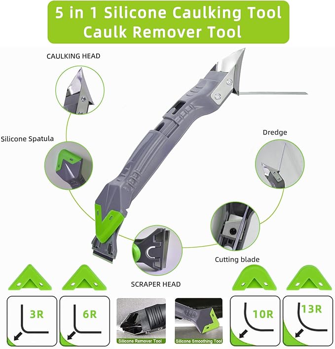 Variety Caulking Tool Kit, 2 Gray Silicone Sealant, Hand Caulking Guns and 5 in 1 Scraper/Smoothing Tool, Sandpaper, Gloves and Masking Tape, with All-Purpose 100% Silicone Caulk 20.2 Oz