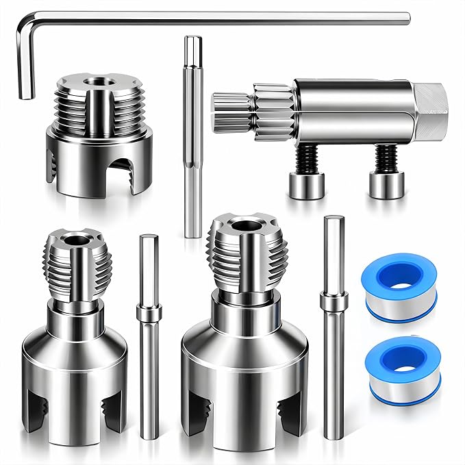 PVC Pipe Repair Tool Kit for 1/2", 3/4" & 1" Plastic Pipes, 3PCS Internal & External Thread Cleaning Tool Set, Manual Control Recommended with Broken Pipe Extractor & PTFE Tape