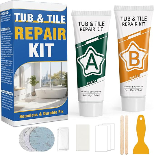 Porcelain Repair Kit White, Waterproof Bathtub & Tile Repair Kit for Tub, Enamel, Fiberglass, Acrylic, Porcelain, Ceramic, Marble, Granite, Resin, Quartz, Chips, Dents, Cracks, Patch, Hole (50g+50g)