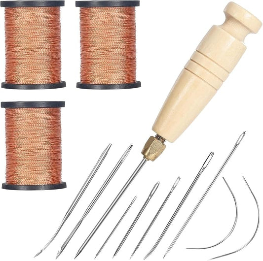 3-Spool Nylon Thread Kit - Each 80 Yards, Includes Sewing Awls & Needles for Hand Sewing, Upholstery & Leather Repair, Brown