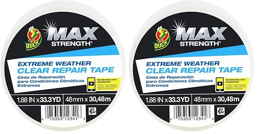 Duck Brand All Weather Indoor/Outdoor Repair Tape, Weatherproofing, Clear & UV Resistant, 1.88-Inch x 33.3-Yards, Single Roll, 281230 (Pack of 2)
