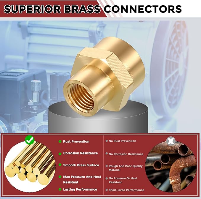 Pack of 6, 1/2" NPT FeMale to 1/4" NPT FeMale Solid Brass Pipe Fitting Coupler, Brass Coupling Hose Fittings Adapter for Pipe Leak Repair, Bathroom Remodeling, Tool Extensions