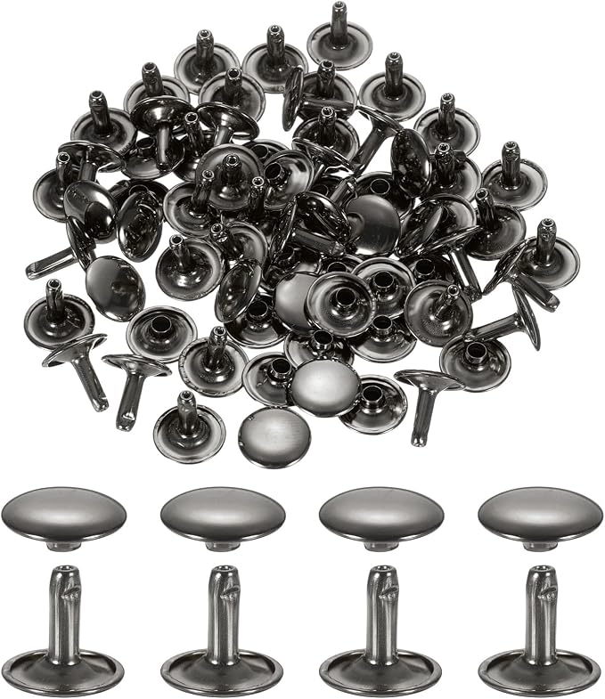 uxcell 120Set Leather Rivets, 10mm Double Cap Rivet Tubular Metal Studs Repairs Decoration Craft Accessories for Repair Decorate Leather Craft Belt Bag Shoes Purse Belts, Metallic Black