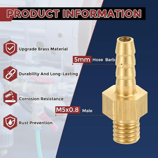 Pack of 10 Brass Hose Barb Fittings 3mm Hose Barb to M5x0.8 Male Fittings for Home Machines, Massage Bathtubs, and Irrigation Systems