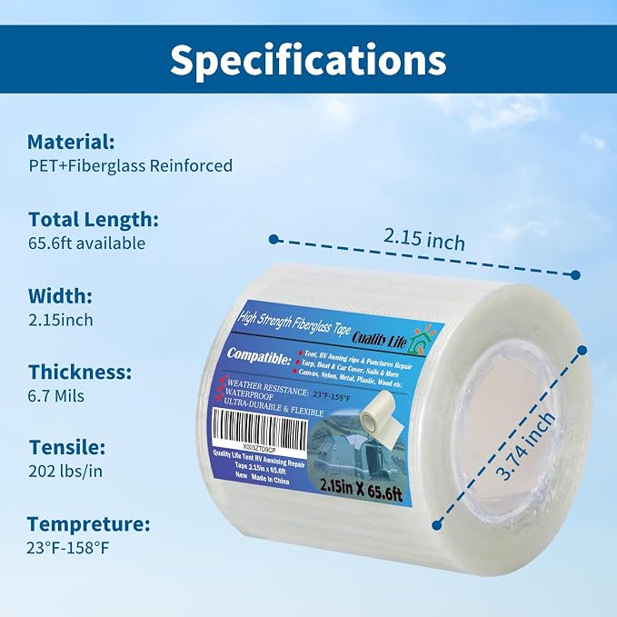 RV Awning Repair Tape, Tent, Waterproof Tarp, Car Cover, Boat Covers, Sail Tape, Outdoor Umbrella Fiber Glass Repair Tape 3.15in