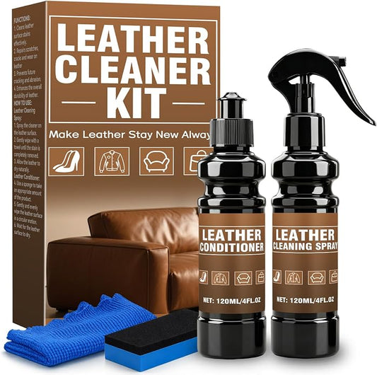 Leather Cleaner & Conditioner Kit - 4pc Set with 4oz Cleaner, 4oz Conditioner, Cloth & Sponge - For Bags, Purses, Furniture and Car Interiors