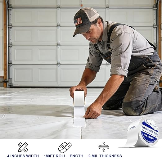 Vapor Barrier Tape - 4" x 180' Roll, Crawl Space Vapor Barrier, White Polyethylene Moisture Barrier Tape, Waterproof Seal & Seam Tape for Underlayment, Insulation & Plastic Liners(1Roll)