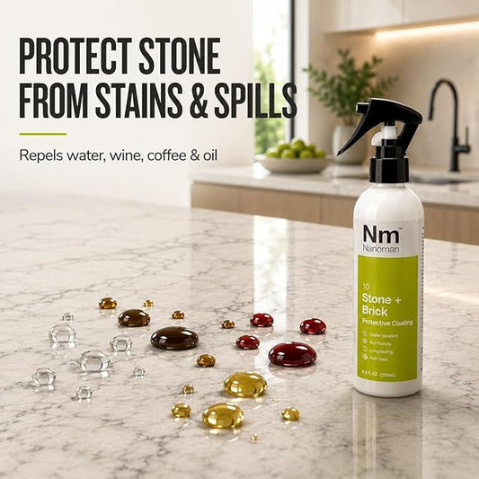 Nanoman Stone and Brick Sealer 8.4 fl oz; Marble Granite Quartz Stone Brick Concrete Grout Sealer and Protectant; Cleaner Sealant Protector & Care Spray for Kitchen and Bathroom Benches and Surfaces