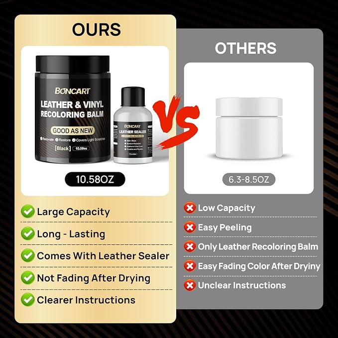 Leather Recoloring Balm with Leather Sealer, 10.58oz Leather Color Restorer, Leather Repair Kit for Vinyl Furniture Shoes Car Seats Bags, Black Leather Dye Paint Leather Scratch Repair (Black Color)