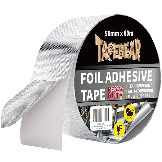 TAPEBEAR Aluminum Foil Heat Shield Tape 2inch x 65Yards, Aluminized Fiberglass Cool Tape 5.5mil Thick Heat Resistant Tape Thermal Barrier for Air Dryer Vent, HVAC, Heating Unit, Hose and Pipe, 196Ft