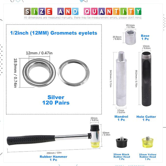 Glarks 124Pcs 1/2 Inch Silver Grommets Eyelets with Tool Sets, 120Pcs Grommets Eyelets with 4Pcs Installation Tools for Fabric, Canvas, Curtain, Clothing, Leather Repair and Decoration
