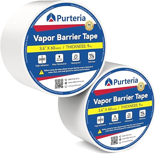 Vapor Barrier Tape with Release Liner, 9 Mil Easy-to-Use Polyethylene Moisture Vapor Barrier Seam Tape for Crawl Space, Repairs, Underlayment, Waterproof, 3.6" x 180', 2 Rolls, White