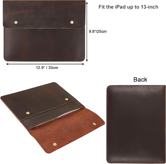 Leather Tablet Sleeve - 12.9/13 Inch iPad Pro Sleeve, Document Holder Folio File Holder, Genuine Leather iPad Case for Protection and Style-Dark Brown