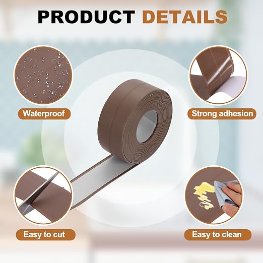 uxcell Caulk Tape Waterproof, 0.83 Inch x 10.5 ft Self-Adhesive Sealant Sealing Strip Caulking Sealant Tape PVC with Tool for Kitchen Sink Toilet Bathroom Bathtub Floor, Brown