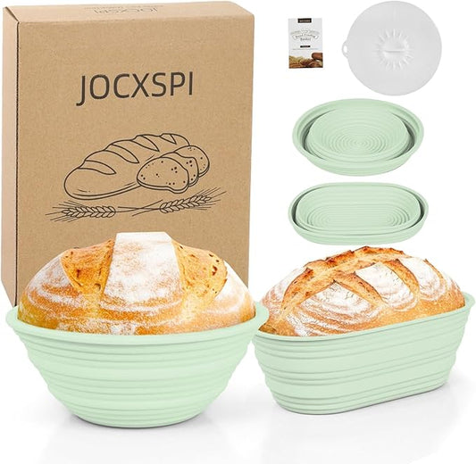 Upgraded & Thickened Silicone Banneton Bread Proofing Basket, JOCXSPI 10" Oval & 9" Round Sourdough Basket with Silicone Lid, Foldable, Non-Stick, BPA-Free, Easy-Clean