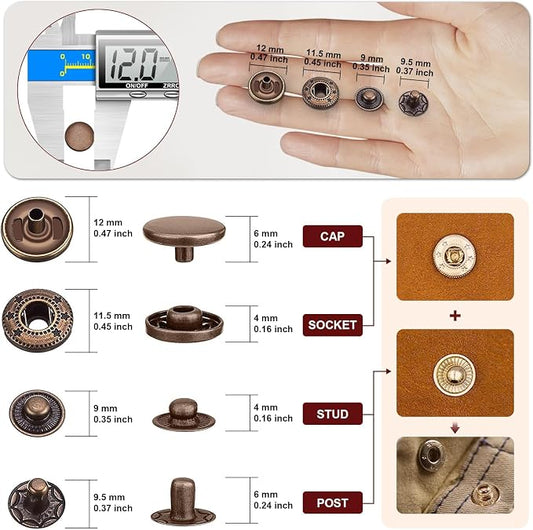 Qfun 120 Set Snap Fasteners Kit for Leather 12mm Metal Button Snaps Press Studs with 4 Setter Tools, 1 Hammer, 4 Color Leather Snaps for Clothes, Jackets, Jeans Wears, Bracelets, Bags