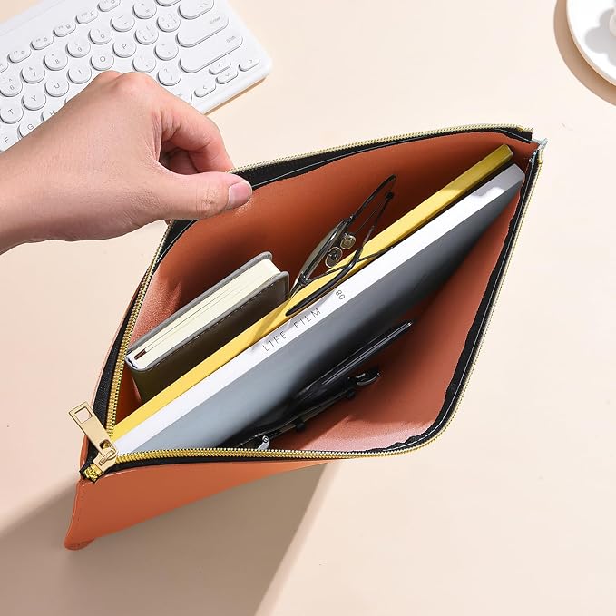PU Leather A4 File Folder Zipper Document Holder Envelope Folder Case for Receipt Contract (1, Orange)