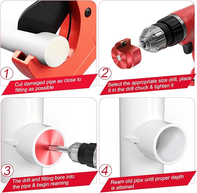 9-Piece PVC Pipe Reamer Kit for 1/2" Drills - 1/2",3/4",1",1-1/4",1-1/2",2",2.5",3",4” Inner Cutter Tool Reamer for PVC, CPVC, ABS, Conduit & Industrial Pipe, SCH40 Repairs, Pipes Fitting Saver