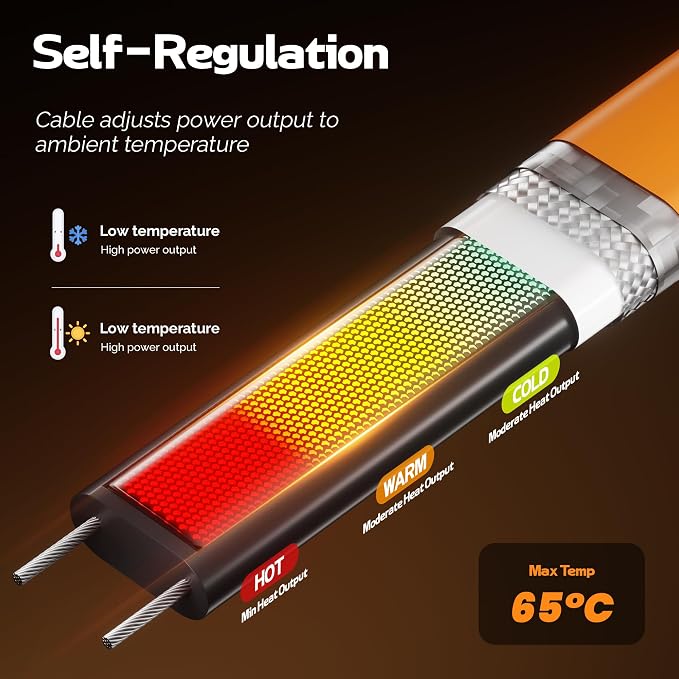 Heat Tape for Water Pipes with Thermostat, Anti-Freeze, Electric Heat Tape, Keeps Water Flowing at -22℉/-30℃, 30FT, Orange, Listed 120V