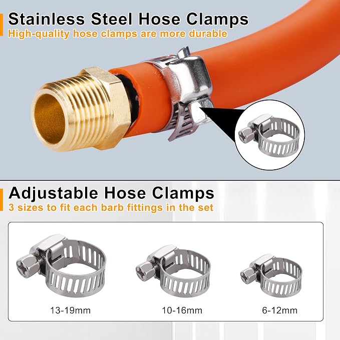 22Pcs Brass Hose Fittings, 3/8" Barb to 1/4" NPT, 1/4" Barb to 1/4" NPT Male, 1/8" 1/4" 3/8" 1/2" Barbed Air Hose Kit with 44Pcs Pipe Hose Clamps