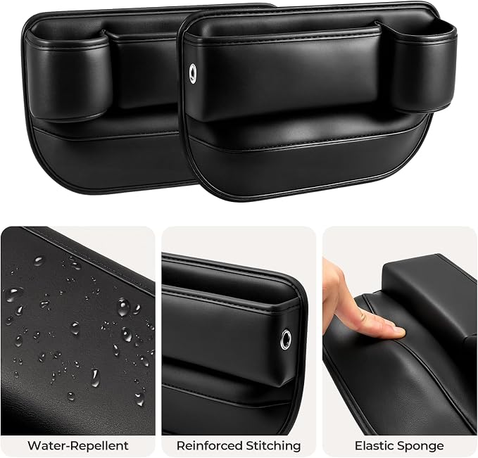 Universal Fit Car Seat Gap Filler Organizer, Premium Leather Console Organizer with Cup Holder, Easy Access to Phone Keys Glasses Wallet, Gifts for Car SUV Truck Owners, Black, 2 Pack