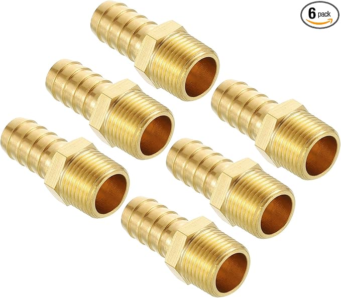 Pack of 6 Brass Hose Barb Fittings Adapter Connector 1/2" Hose Barb to 3/8" NPT Male Fittings for Home Machines, Massage Bathtubs, and Irrigation Systems