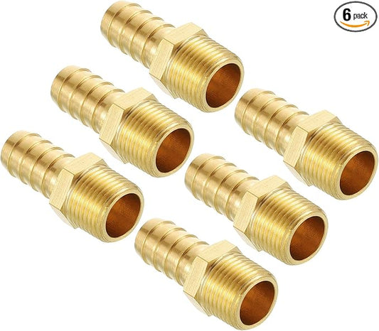 Pack of 6 Brass Hose Barb Fittings Adapter Connector 1/2" Hose Barb to 3/8" NPT Male Fittings for Home Machines, Massage Bathtubs, and Irrigation Systems