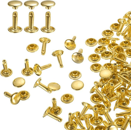 HARFINGTON 100 Sets Double Cap Leather Rivets, 9x12mm Round Cap Tubular Metal Studs Leather Crafting Rivets for Fabric Belt Pet Collar Boot Bag Repair and Decoration, Gold