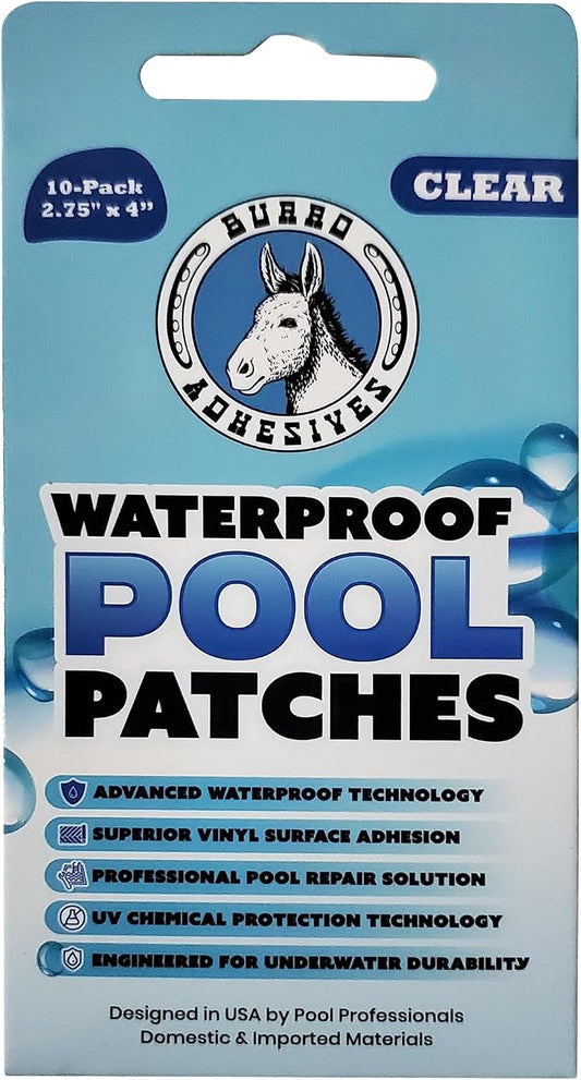 Burro Adhesives 10-Pack Waterproof Clear Pool Tape Patches - Professional Grade PVC Repair Kit with 2.75" x 4" Heavy Duty Patches for Commercial & Residential Vinyl Pools, Works Underwater & Dry