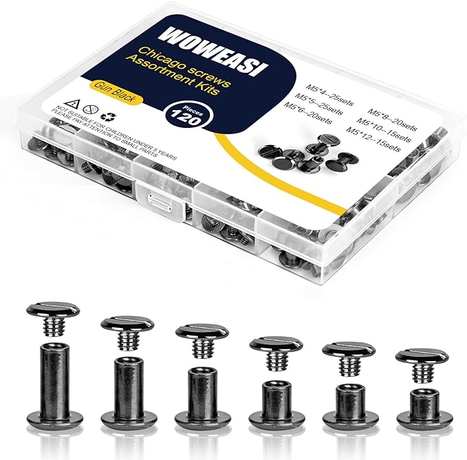 120sets Chicago Screws Kit, 6 Sizes Screw Rivets Gun Metal Chicago Binding Screws for DIY Repair Leather Craft Belt Bag Shoes Purse Bookbinding (M5*4,5,6,8,10,12) (Gunblack)
