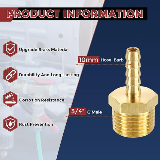 Pack of 2 Brass Hose Barb Fittings 10mm Hose Barb to 3/4" G Male Fittings with 2pcs Stainless Steel Hose Clamps for Home Machines, Massage Bathtubs, and Irrigation Systems
