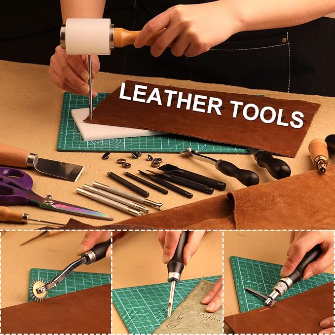 Tikjiua 456Pcs Leather Working Tools with Apron and Tooling Bag, Leather Craft Kit with Tools for Stamping, Carving, Sewing, Beveling, Cutting, Crafting