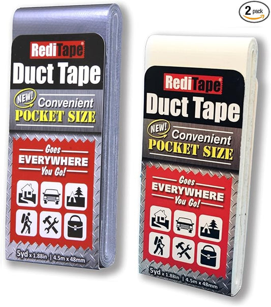 Travel Size Duct Tape Colors 2-Pack (Silver & White) - Pocket Size Flat Mini Roll - for Repairs Outdoors Emergency Crafts - 1.88 inch x 5 Yards per Pack