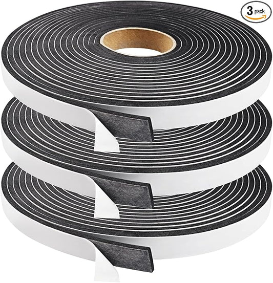 Seal Foam Tape,1/2 Inch W x 1/8 Inch T Weather Stripping for Door and Window,High Density Single Sided Closed Cell Door Insulation Weather Strip, 3 Rolls Total 50FT Black