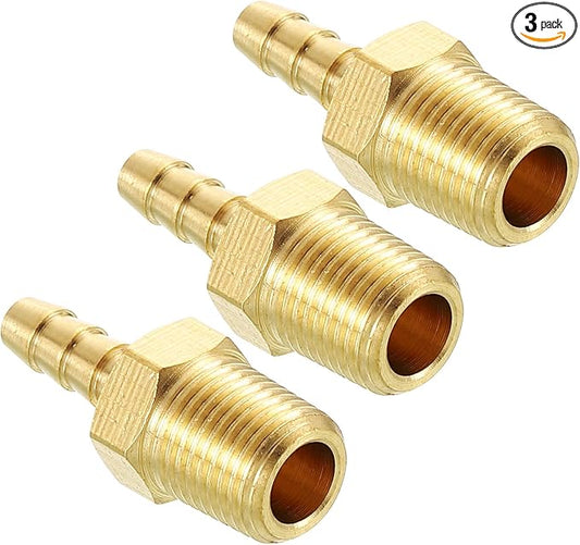 Pack of 3 Brass Hose Barb Fittings Adapter Connector 1/8" Hose Barb to 1/8" NPT Male Fittings for Home Machines, Massage Bathtubs, and Irrigation Systems