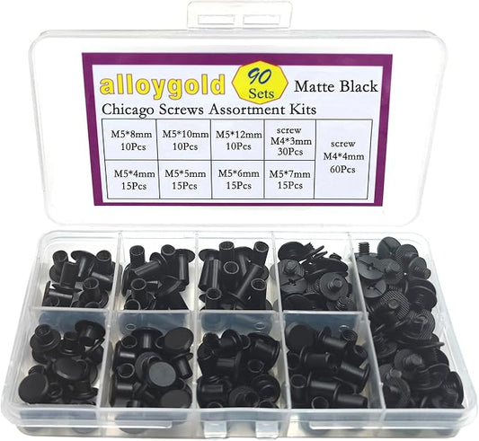 Matte Black Chicago Screws Leather Kit, 7 Sizes, 90 Sets | M5 X 4, 5, 6, 7, 8, 10, 12, Screw Rivets, For Crafts, Clothing, Shoes, Belts, Bags