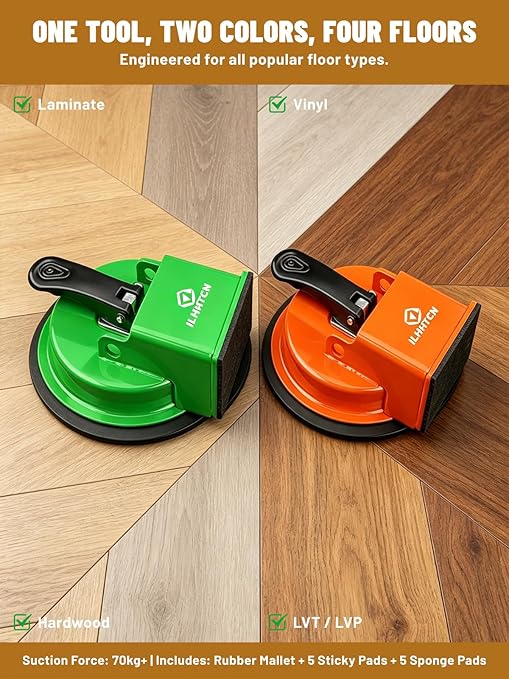 Laminate Floor Gap Fixer Tool Repair Kit, LVP Flooring Suction Cup Tool for Gaps, Heavy Duty Joint Puller Tools with 5 Reusable Sticky Pads & Rubber Mallet, Professional Hardwood Plank Closer (Orange)