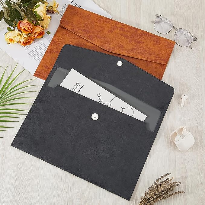 A4 PU Leather File Holder Document Folder Black Thin Waterproof Portfolio Filing Envelope Oragnizer Pocket Storage Case with Snap Closure for Receipt Contract Stationery Tablet