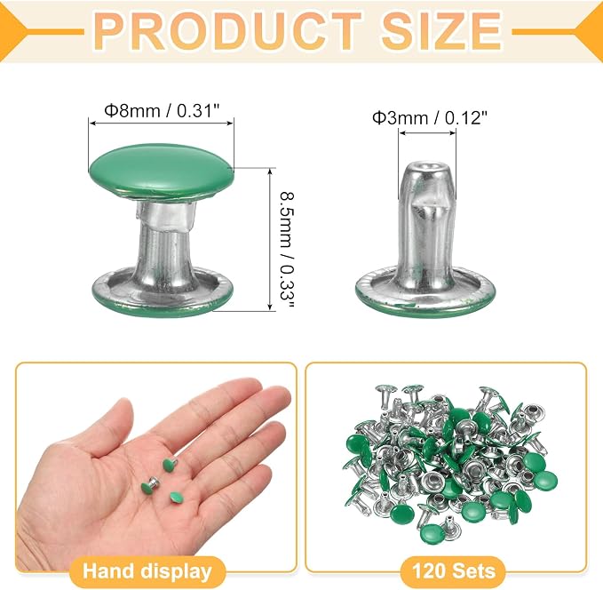 uxcell 120Set Leather Rivets, 8mm Double Cap Rivet Tubular Metal Studs Repairs Decoration Craft Accessories for Repair Decorate Leather Craft Belt Bag Shoes Purse Belts, Green