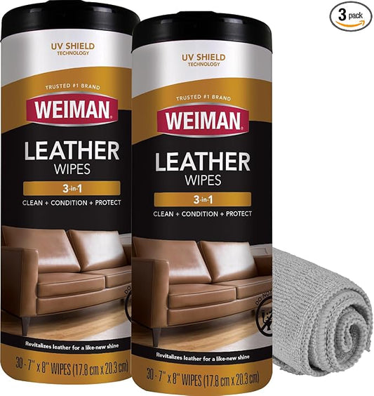 Weiman Leather Cleaner & Conditioner - Cleans, Restores & Protects Leather, UV Protection Prevent Cracking & Fading, For Car Seats, Sofas, Shoes, Bags & All Finished Leather Surfaces, 2 Pack, 60 Wipes