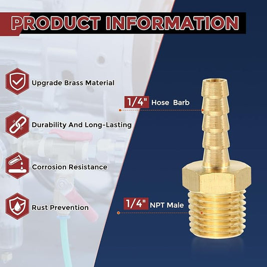 Pack of 8 Brass Hose Barb Fittings 1/4" Hose Barb to 1/4" NPT Male Fittings