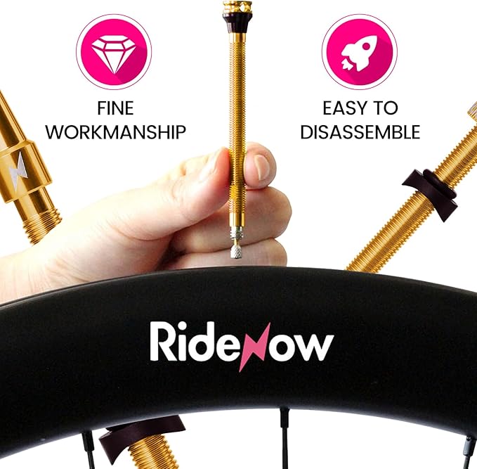 RideNow Tubeless Presta Valve Stems, 85mm Super Light 7075 Aluminum Alloy Presta Tubeless Valve Stem Kit with Valve Core Remover Tool and Valve Stem Caps, Multiple Color and Size Options(Pair), Gold