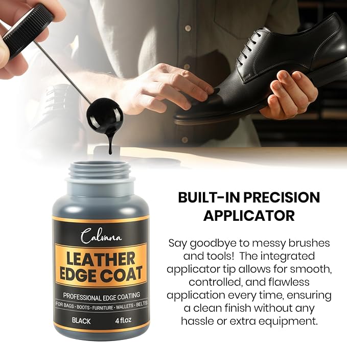 Black Leather Edge Coat with Built-in Applicator - Flexible, Water-Resistant Edge Sealer & Finish for Purses, Belts, Shoes, Bags, Furniture & More (4oz)