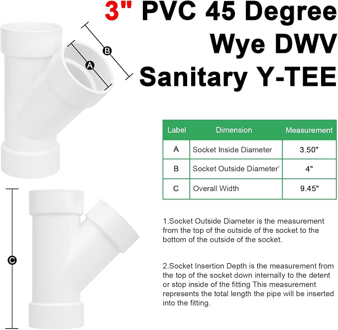 3" PVC 45 Degree Wye DWV Pipe Fittings (Socket x Socket x S) SCH40 PVC DWV Sanitary Y-TEE Pipe Fittings Connectors for Drain, Waste, Vent
