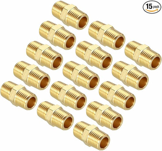 Pack of 15, 1/4" MNPT To 1/4" MNPT Solid Brass Hex Nipple Hose Connectors W/Sealing Tapes, Male Pipe Adapter for Pipe Leak Repair, Bathroom Remodeling, Tool Extension, Compression