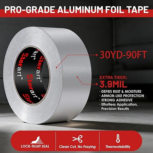 ETERART Aluminum Foil Duct Tape Heavy Duty,High Temperature Sealing and Patching,for HVAC,Air Ducts,Metal Repair, Foamboard,Insulation,Dryer Vent and More,2 Inch x 30 Yards,Silver