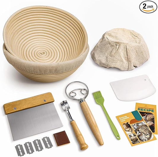 Rorecay Banneton Bread Proofing Baskets Set of 2, 9 Inch Round Cane Sourdough Bread Rising Basket Bowls with Sourdough Bread Making Tools Baking Supplies for Sour Dough Proofing Fermentation