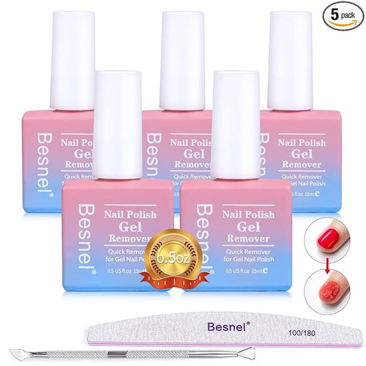 Gel Nail Polish Remover 5 Pack Professional Gel Polish Remover Non-Irritating Quick Easy,Nail Polish Gel Remover Tools Kit Nail File Cuticle Pusher Nail File Grit, No Need For Foil Soaking Or Wrapping